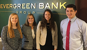 Evan Seegmiller ’17, far right, interned with Evergreen Bank Group in Oak Brook, Ill., during January Term 2016 with (left to right) Jenny Voss ’07, Jill Wachholz ’89, and Kayla Hermann ’15. Wachholz is vice president and chief financial officer of the bank.