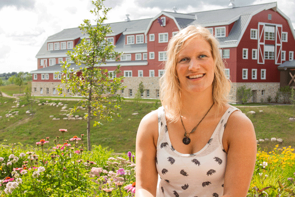 Melissa Hunter '08 enjoys the beautiful campus at Epic Systems in Verona, Wis.