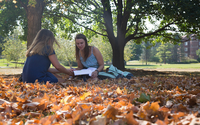 Liberal arts college students studying outside.