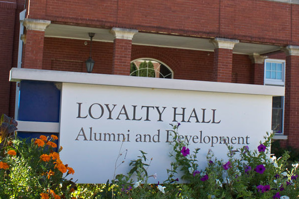 Exterior of the entrance to Loyalty Hall in which the Development office resides.