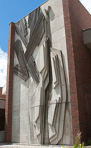 Outside sculpture on the Center for Faith and Life.