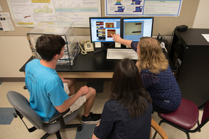 Professor Flater showing her summer research students an image of a human hair taken using an atomic force microscope.