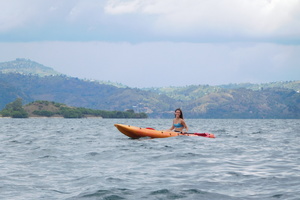 Rozlyn Paradis '18 kayaking on one of the largest lakes in Africa: Lake Kivu.
