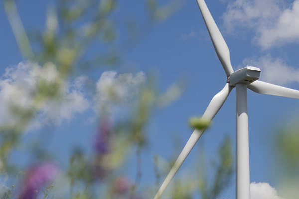 A view of the wind turbine at Luther College.