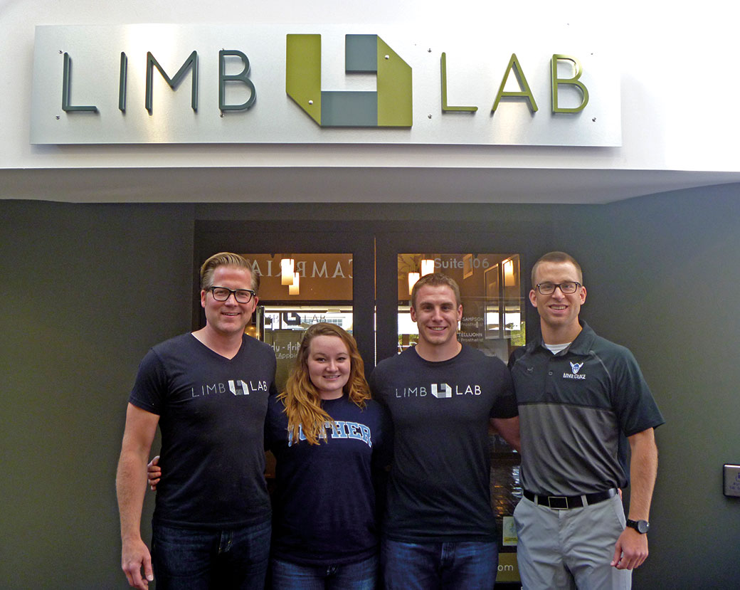 The Limb Lab team includes cofounder Brandon Sampson ’98 as well as two Luther graduates. At left (from left to right): Sampson, Stoddard, and employees Trent Kerrigan ’13 and Andrew Nelson ’13.