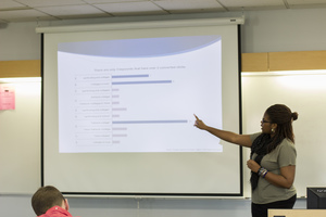 Student presents findings of group project in data analysis course.