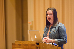A communication studies senior presents her speech during the annual Student Research Symposium.