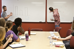 Luther students work on a group project for a psychology class.