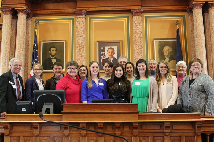 2016 Social Policy class and mentors with Representatives Mascher and Anderson in the House of Representatives chamber