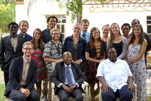 Students and Professor Richard Mtisi pose for a group picture during their meeting with Sir Ketumile Masire, who was the second President of Botswana from 1980 to 1998.