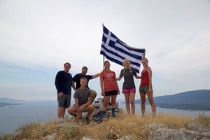 Luther and Vanderbilt students take a breather after climbing a peak near ancient Corinth and Kenchreai on the Aegean Sea.