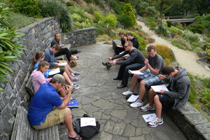Professor and students in a class discussion while on the study abroad course Sport, Media, and Society in New Zealand.