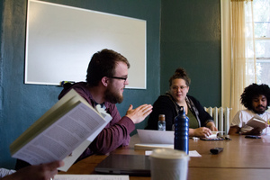 Students discussing philosophy in a classroom at Luther College