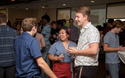 First-year students get a chance to meet during the New Student Orientation social hour.