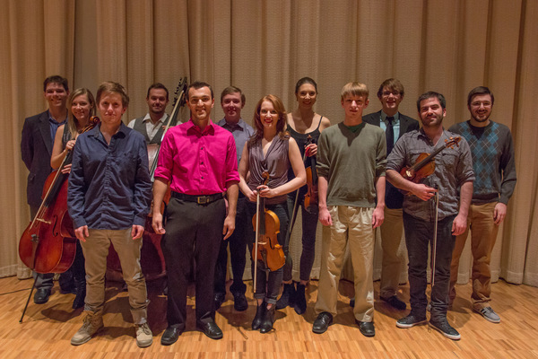 Members of the composition studio after a performance of their works by the string quintet Sybarite5 in 2015