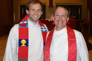 Justin Tigerman '11 posing with his adviser Sean Burke at Justin's ordination service.